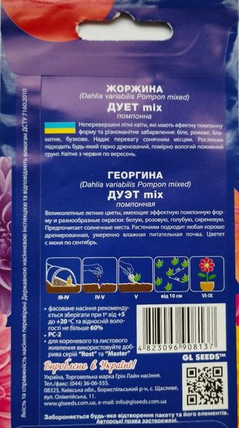 Жоржина Дует помпонна насіння (0,25 г), For Hobby, TM GL Seeds RS-01173 фото